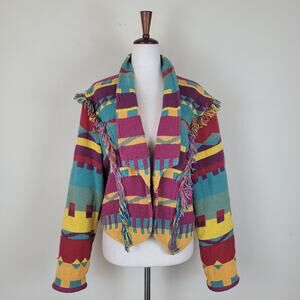 VTG E. Clair Designs Jacket Large Multicolor Southwestern Fringe Boho Tapestry